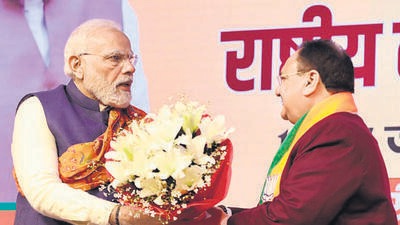 Prime Minister Narendra Modi congratulates BJP national president JP Nadda on Tuesday. (Jagat Prakash Nadda/ Twitter) Prime Minister Narendra Modi congratulates BJP national president JP Nadda on Tuesday. (Jagat Prakash Nadda/ Twitter)