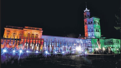SPPU building illuminated in tricolours during G-20 summit on Tuesday. (HT PHOTO)