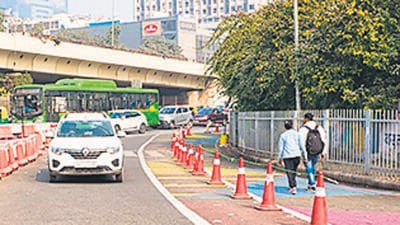 The ongoing tactical urbanism experiment at Nehru Place. Temporary features were added to make the intersection safer for pedestrians. (HT Photo) The ongoing tactical urbanism experiment at Nehru Place. Temporary features were added to make the intersection safer for pedestrians. (HT Photo)