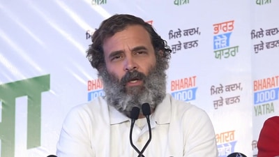 Congress leader Rahul Gandhi at a press briefing in Punjab's Hoshiarpur.