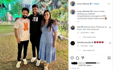 Surya posted a photo with his wife Devisha Shetty and Jr NTR.