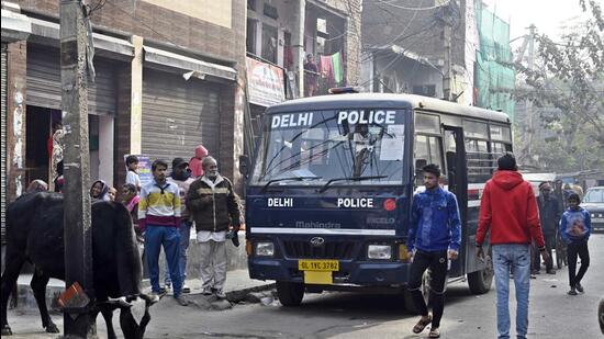 A police van outside Anjali Kumari’s residence in New Delhi earlier this month. (Sanjeev Verma/HT Photo)