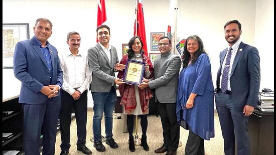 Canada’s Minister of National Defence Anita Anand (fourth from left) with leaders of Hindu groups at her office in Oakville on Saturday. (Anita Anand/Facebook)