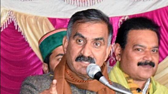 Himachal Pradesh chief minister Sukhvinder Singh Sukhu addresses a public meeting after taking stock of the preparations for the Congress leader Rahul Gandhi's Bharat Jodo Yatra, at Chanour village in Kangra. (ANI Picture Service)