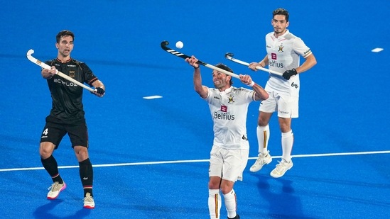 Belgium and Germany players vie for ball during the FIH Odisha Hockey Men's World Cup 2023 match(PTI)