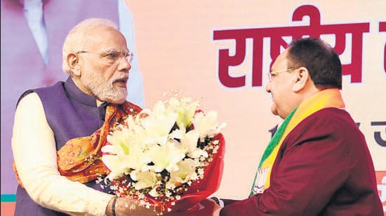 Prime Minister Narendra Modi congratulates BJP national president JP Nadda on Tuesday. (Jagat Prakash Nadda/ Twitter)