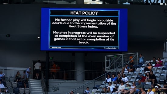 Australian Open 2023: Heat policy message is displayed on the big screen as play is suspended on the outside courts due to high temperatures.(REUTERS)