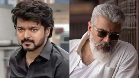 Vjay and Ajith in stills from their films Varisu and Thunivu respectively.
