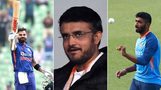 Virat Kohli (L), Sourav Ganguly (M) and Jasprit Bumrah (R) (ANI/Getty)