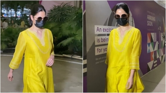 Katrina Kaif's simply elegant airport look in yellow salwar suit. (HT Photo/Varinder Chawla)