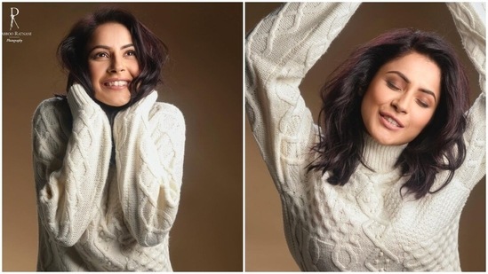 Shehnaaz ditched all accessories to style the cosy winter look. As for the glam picks, she chose darkened feathery brows, plum-hued smoky eye shadow, sleek eyeliner, mascara on the lashes, mauve lip shade, blushed cheeks, glowing skin, and light contouring. (Instagram)
