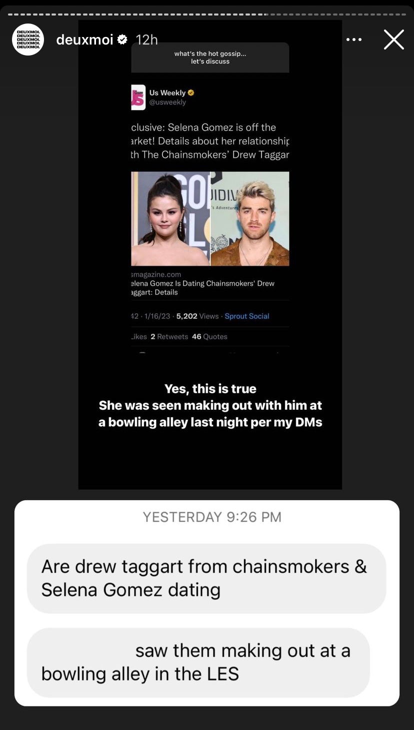 Instagram account Deuxmoi reported that they were told that Selena and Drew were seen together in New York City.