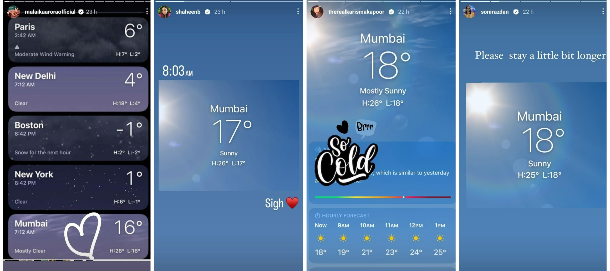 Malaika Arora, Shaheen Bhatt, Karisma Kapoor and Soni Razdan reacted on Monday temperature in Mumbai.