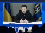 Ukrainian President Volodymyr Zelensky is displayed on a screen via video link at the Congress centre during the World Economic Forum (WEF) annual meeting in Davos.(AFP) Ukrainian President Volodymyr Zelensky is displayed on a screen via video link at the Congress centre during the World Economic Forum (WEF) annual meeting in Davos.(AFP)