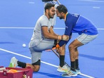Indian hockey team captain Harmanpreet Singh and Hardik Singh share a light moment during their training session (PTI) Indian hockey team captain Harmanpreet Singh and Hardik Singh share a light moment during their training session (PTI)