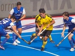 Players of Malaysia (yellow) and Chile vie for the ball during their Hockey Men's World Cup 2023 match at Birsa Munda Stadium in Rourkela(PTI) Players of Malaysia (yellow) and Chile vie for the ball during their Hockey Men's World Cup 2023 match at Birsa Munda Stadium in Rourkela(PTI)