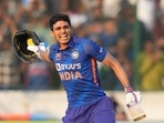 Shubman Gill reacts as he celebrates his double-century during the first ODI cricket match between India and New Zealand(PTI) Shubman Gill reacts as he celebrates his double-century during the first ODI cricket match between India and New Zealand(PTI)