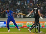 Mohammed Siraj celebrates the dismissal of Henry Shipley during the first ODI between India and New Zealand, at Rajiv Gandhi International Cricket Stadium, in Hyderabad(PTI)