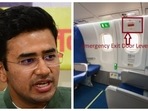 A major row has erupted after South Bengaluru MP Tejasvi Surya opened the emergency exit of a plane when it was boarding passengers. A major row has erupted after South Bengaluru MP Tejasvi Surya opened the emergency exit of a plane when it was boarding passengers.