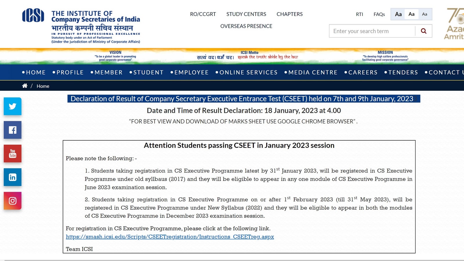 ICSI CSEET result 2023 released at icsi.edu, get link and know how to check