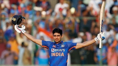 Shubhman Gill celebrates after completing his double century during the first ODI against New Zealand (ANI) Shubhman Gill celebrates after completing his double century during the first ODI against New Zealand (ANI)