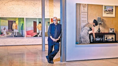 Artist Atul Dodiya poses in front of his paintings on display at Chemould Prescott road. He says the new show is a homage to the films of Guru Dutt, Satyajit Ray, Raj Kapoor, Hrishikesh Mukherjee, Yash Chopra and Jyoti Swaroop. (Satish Bate/HT PHOTO) Artist Atul Dodiya poses in front of his paintings on display at Chemould Prescott road. He says the new show is a homage to the films of Guru Dutt, Satyajit Ray, Raj Kapoor, Hrishikesh Mukherjee, Yash Chopra and Jyoti Swaroop. (Satish Bate/HT PHOTO)