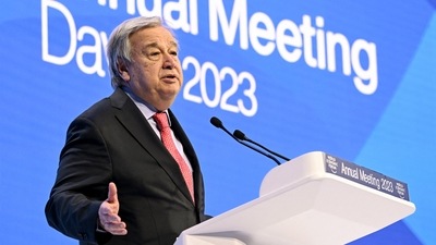 UN Secretary-General Antonio Guterres delivers a speech during a session of the World Economic Forum (WEF) annual meeting in Davos on January 18, 2023. (AFP) UN Secretary-General Antonio Guterres delivers a speech during a session of the World Economic Forum (WEF) annual meeting in Davos on January 18, 2023. (AFP)