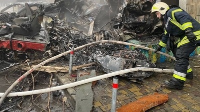 Ukraine Brovary Explosion: The burning building after the helicopter crash. (Twitter)