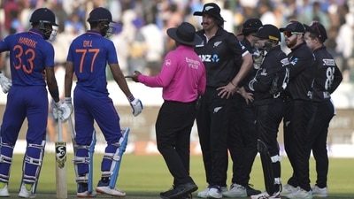 Hardik Pandya listens to the umpire after he was dismissed by Daryl Mitchell during the first ODI between India and New Zealand in Hyderabad (AP) Hardik Pandya listens to the umpire after he was dismissed by Daryl Mitchell during the first ODI between India and New Zealand in Hyderabad (AP)
