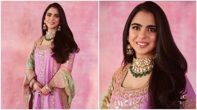 Isha Ambani is a picture of elegance in heavy embellished kurta palazzo suit. (Instagram) Isha Ambani is a picture of elegance in heavy embellished kurta palazzo suit. (Instagram)