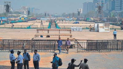 Mumbai, India - January 18, 2023: All arrangements and preparations in progess on the eve of PM Narendra Modi's visit, at BKC Ground, Bandra (East), in Mumbai, India, on Wednesday, January 18, 2023. (Photo by Satish Bate/Hindustan Times) (Satish Bate/HT PHOTO) Mumbai, India - January 18, 2023: All arrangements and preparations in progess on the eve of PM Narendra Modi's visit, at BKC Ground, Bandra (East), in Mumbai, India, on Wednesday, January 18, 2023. (Photo by Satish Bate/Hindustan Times) (Satish Bate/HT PHOTO)