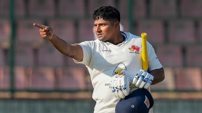 Mumbai player Sarfaraz Khan celebrates his century on the first day of the Ranji Trophy cricket match against Delhi, in New Delhi, Tuesday, Jan. 17, 2023. (PTI Photo/Manvender Vashist Lav)(PTI01_17_2023_000199A) (PTI) Mumbai player Sarfaraz Khan celebrates his century on the first day of the Ranji Trophy cricket match against Delhi, in New Delhi, Tuesday, Jan. 17, 2023. (PTI Photo/Manvender Vashist Lav)(PTI01_17_2023_000199A) (PTI)