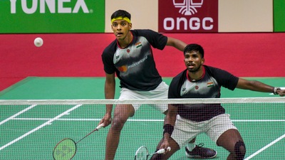 Indian badminton players Chirag Shetty (L) and Satwiksairaj Rankireddy at the India Open 2023 (PTI)