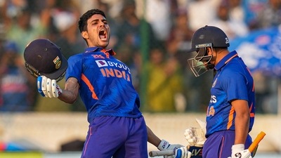 Shubman Gill celebrates his double century during the first ODI against New Zealand (PTI) Shubman Gill celebrates his double century during the first ODI against New Zealand (PTI)