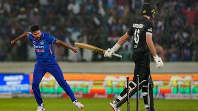 Mohammed Siraj celebrates the dismissal of Henry Shipley during the first ODI between India and New Zealand, at Rajiv Gandhi International Cricket Stadium, in Hyderabad (PTI) Mohammed Siraj celebrates the dismissal of Henry Shipley during the first ODI between India and New Zealand, at Rajiv Gandhi International Cricket Stadium, in Hyderabad (PTI)