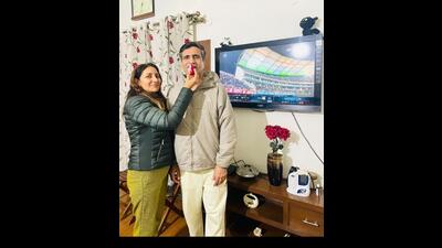 Shubman Gill’s parents Keart and Lakhwinder celebrating his achievement. (HT ) Shubman Gill’s parents Keart and Lakhwinder celebrating his achievement. (HT )