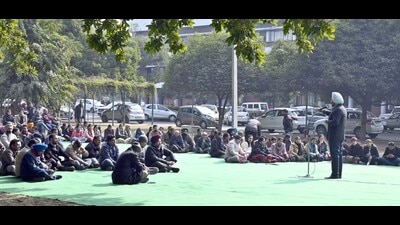 The teacher’s union of PAU and GADVASU held a protest rally against undue delay on the part of the state government in issuing a notification on the new pay scale on Wednesday. (HT Photo)