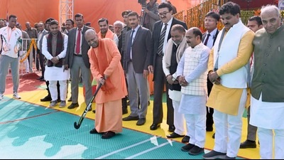 U.P. CM Yogi Adityanath wields a hockey stick at the Basti stadium. (Sourced) U.P. CM Yogi Adityanath wields a hockey stick at the Basti stadium. (Sourced)