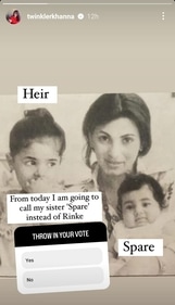 Twinkle Khanna shared a picture with sister Rinke Khanna, and called her 'spare'. Twinkle Khanna shared a picture with sister Rinke Khanna, and called her 'spare'.