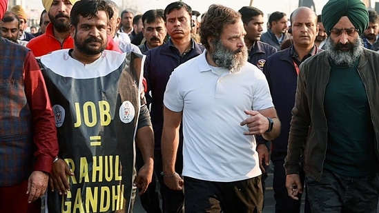 Singer Rabbi Shergill joins Rahul Gandhi during Bharat Jodo Yatra in Hoshiarpur on Tuesday. (ANI)