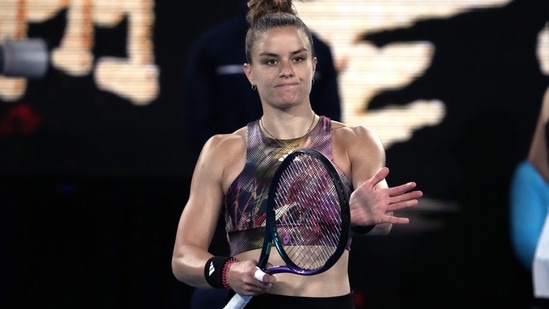 Maria Sakkari of Greece reacts after defeating Diana Shnaider of Russia in their second round match at the Australian Open tennis championship in Melbourne, Australia, Wednesday, Jan. 18, 2023. (AP Photo/Ng Han Guan)(AP)