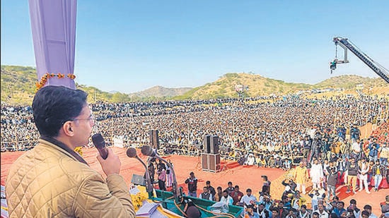 Congress leader Sachin Pilot at the Kisan Samelan in Rajasthan’s Jhunjhunu. Congress leader Sachin Pilot at the Kisan Samelan in Rajasthan’s Jhunjhunu.