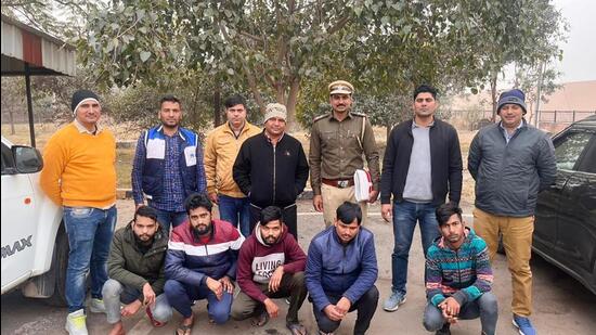 Five of the suspects in police custody on Wednesday. (Parveen Kumar/ HT)