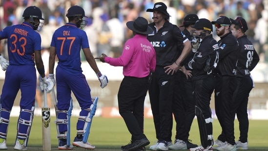 Hardik Pandya listens to the umpire after he was dismissed by Daryl Mitchell during the first ODI between India and New Zealand in Hyderabad(AP)