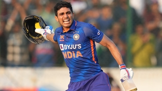 Shubman Gill reacts as he celebrates his double-century during the first ODI cricket match between India and New Zealand(PTI)