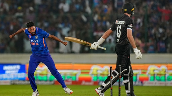 Mohammed Siraj celebrates the dismissal of Henry Shipley during the first ODI between India and New Zealand, at Rajiv Gandhi International Cricket Stadium, in Hyderabad(PTI)