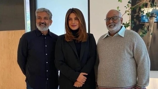 Priyanka Chopra with SS Rajamouli and MM Keeravani at an RRR screening in the US.