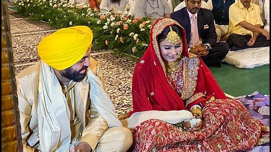 Punjab chief minister Bhagwant Mann and Gurpreet Kaur during their wedding ceremony in Chandigarh. (PTI)