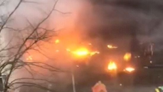 Aftermath of a helicopter falling on civil infrastructure buildings in Brovary, Ukraine.(via REUTERS)