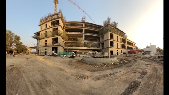 Work underway at Civil Court metro station on Wednesday. (Pratham Gokhale/HT Photo)